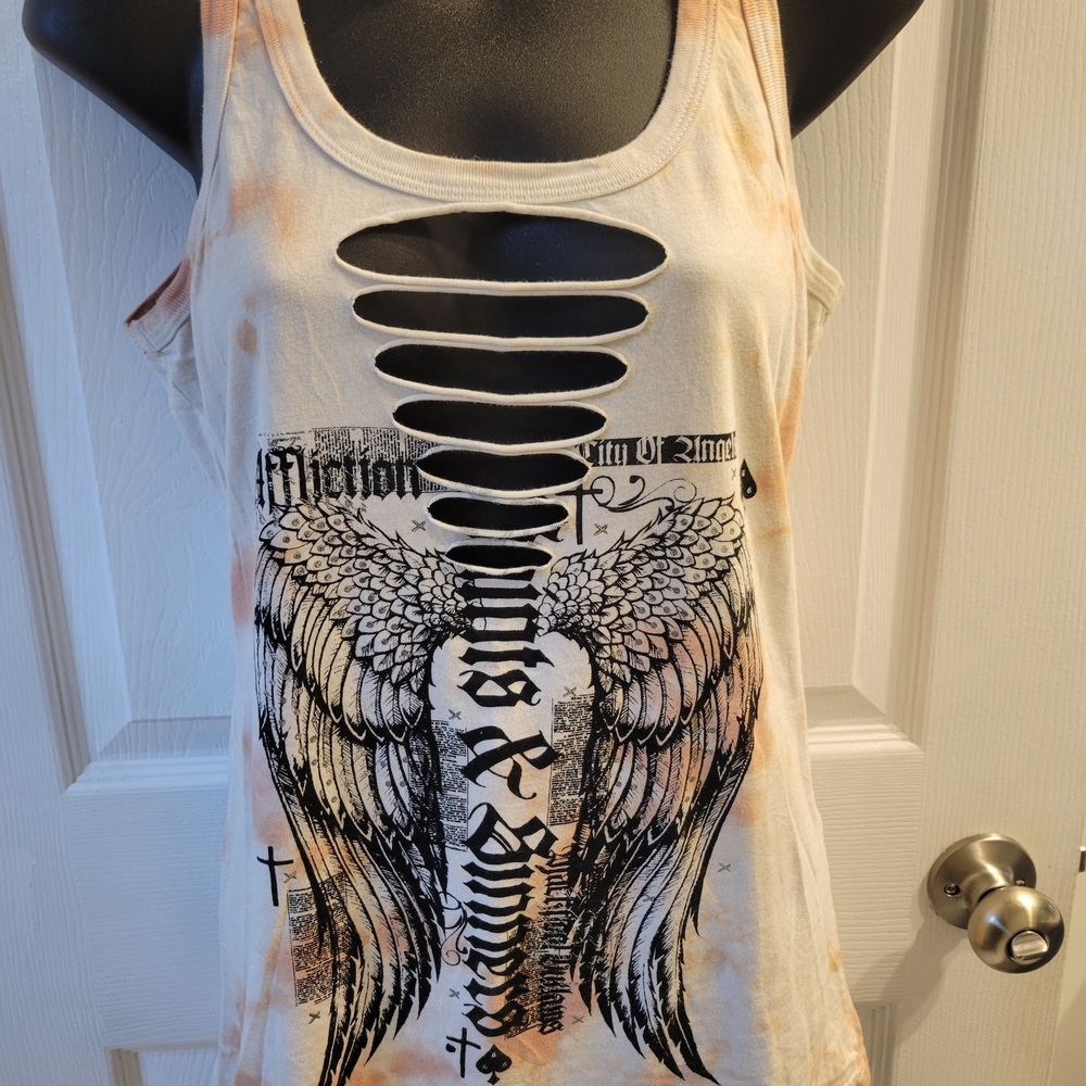 Affliction Angel Wing Cut-Out Tank Top - Cream and Black